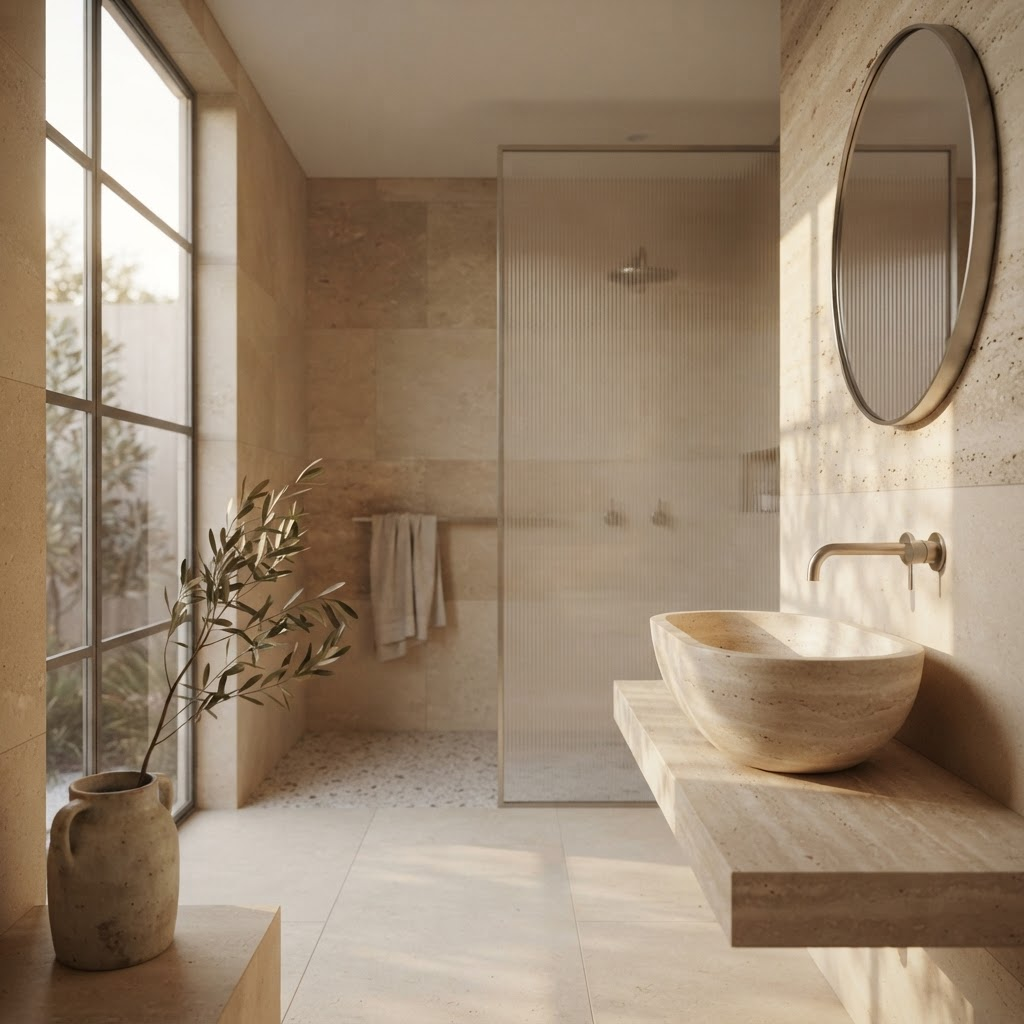 Sunlit travertine and limestone bathroom with warm brushed nickel tapware
