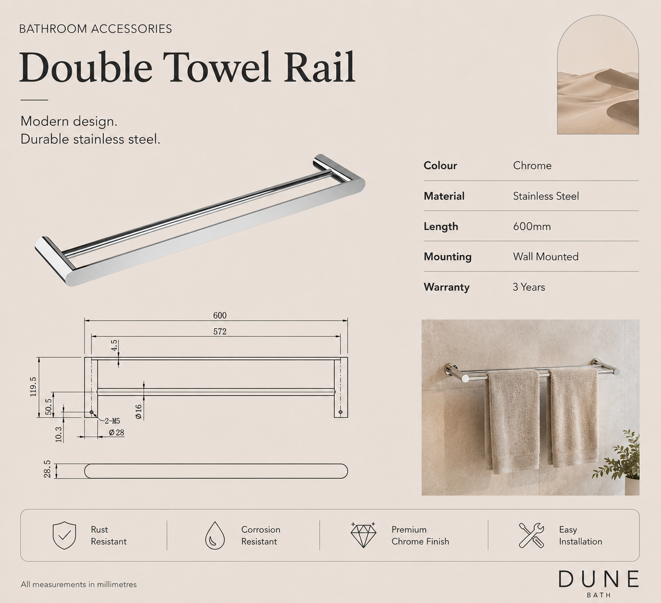 Stainless Steel Chrome 600mm Double Trowel Rail view 2