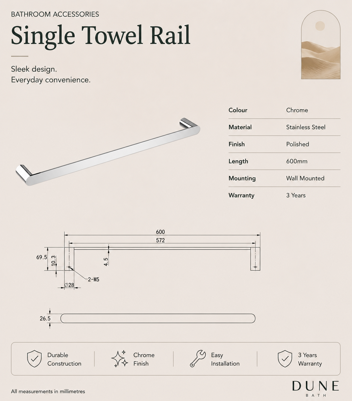 Stainless Steel Chrome 600mm Single Towel Rail view 2