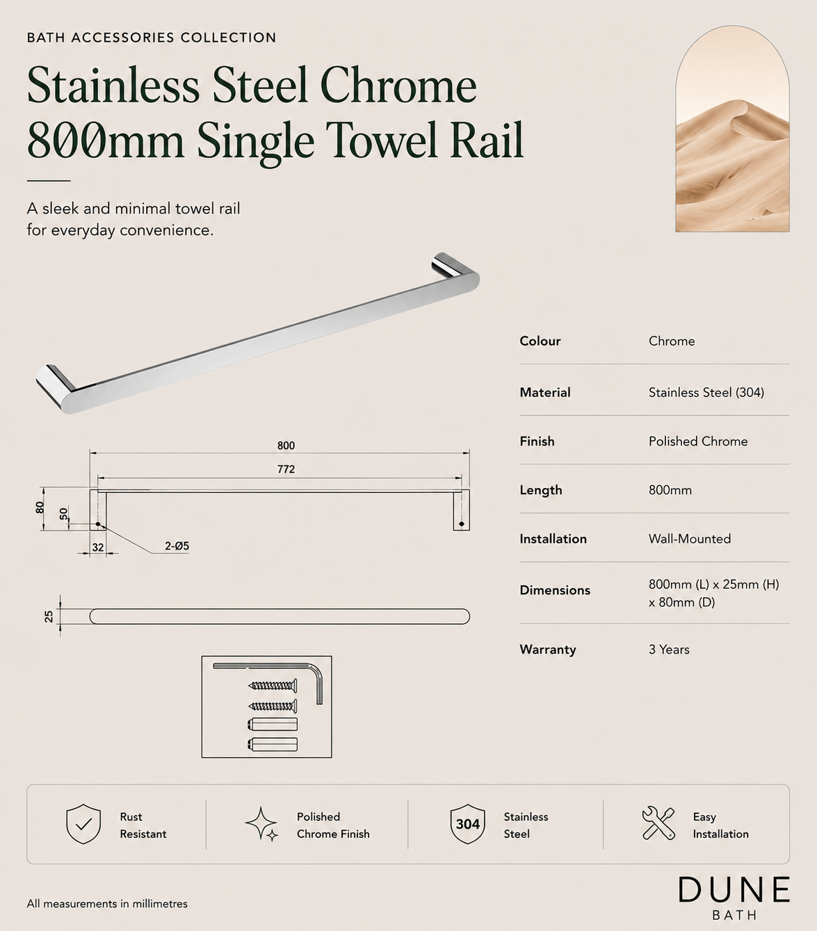 Stainless Steel Chrome 800mm Single Towel Rail view 2